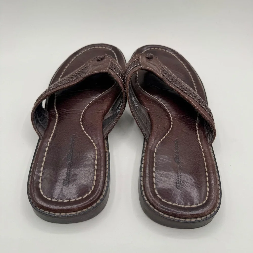 Tommy Bahama Anchors Away Mens Sz 11 D Brown Leather Woven Flip Flop Sandals